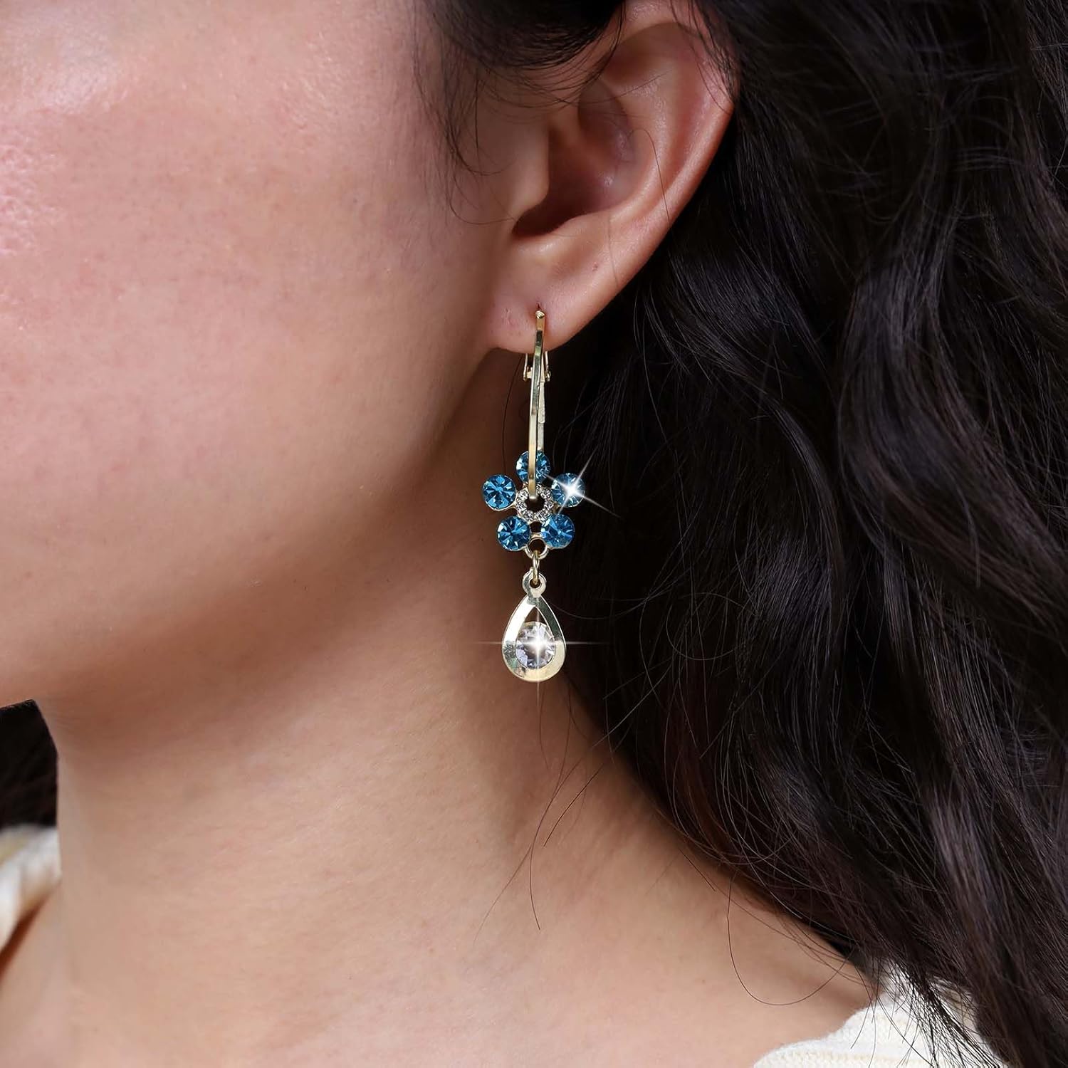 Crystal Flower Hoop Earrings Gold Teardrop Cz Earrings Blue Crystal Flower Huggie Earrings Vintage Waterdrop Earrings Blue Rhinestone Drop Earrings Jewelry for Women and Girls - Image 5