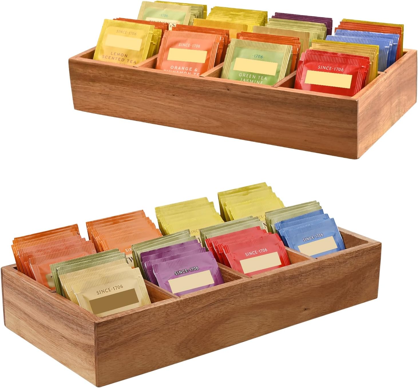 Acacia Wood Tea Bag Organizer with 8 Slots – Tea Bag Holder and Tea Organizer, Sugar Packet Storage for Countertops, Set Of Two