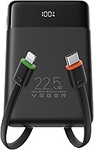 VEGER Power Bank with Built-in Cables 10000mAh,Slim Portable Charger USB C Battery Pack Phone Charger,Travel Essentials Fast Charging Compatible with iPhone,iPad,Android Phone,Heated Vest and More