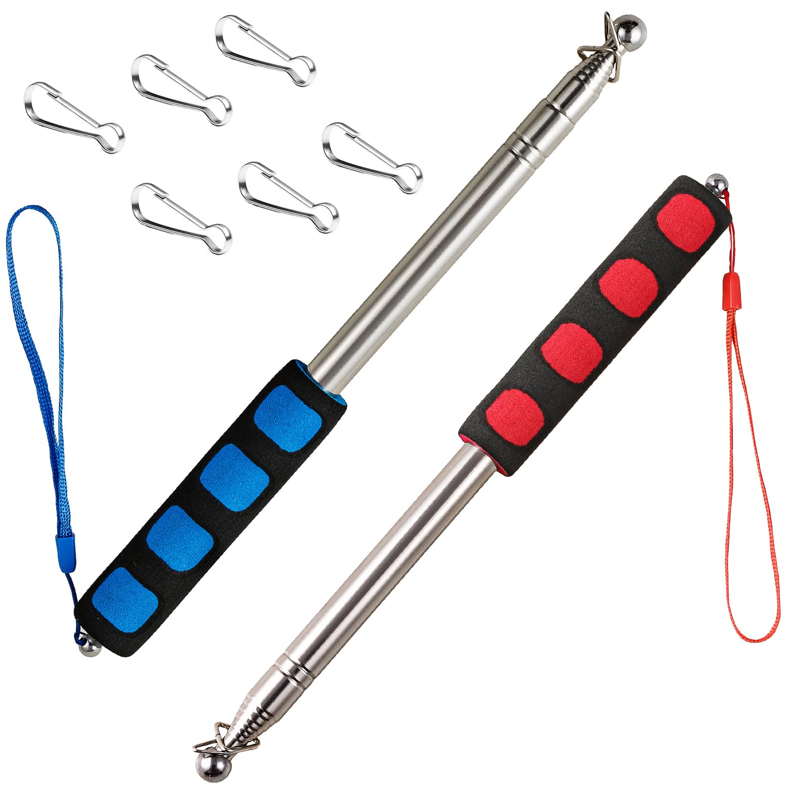5.2FT 2PCS Telescopic Handheld Flagpoles with Clips Portable Flag Pole Lightweight Extendable Tour Guide Stainless Steel Banner Flag Pole Pointer for Teachers with Anti-Slip Grip (Blue and red)