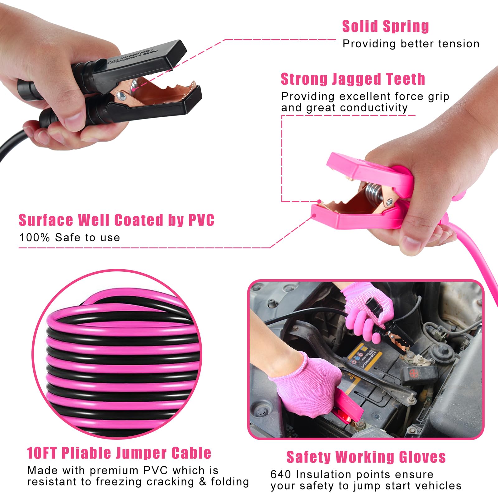 Car Emergency Kit Pink Roadside Emergency Car Kit with Jumper Cables Tow Rope Safety Hammer Pink Car Accessories — view 3
