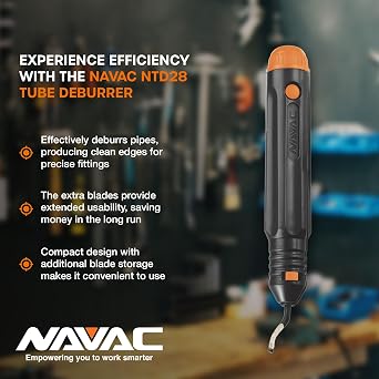 NAVAC NTD28 Copper Tubing Deburrer | Pipe Deburring Tool | Replaceable Deburring Blade | 2 Spare Blades Included |