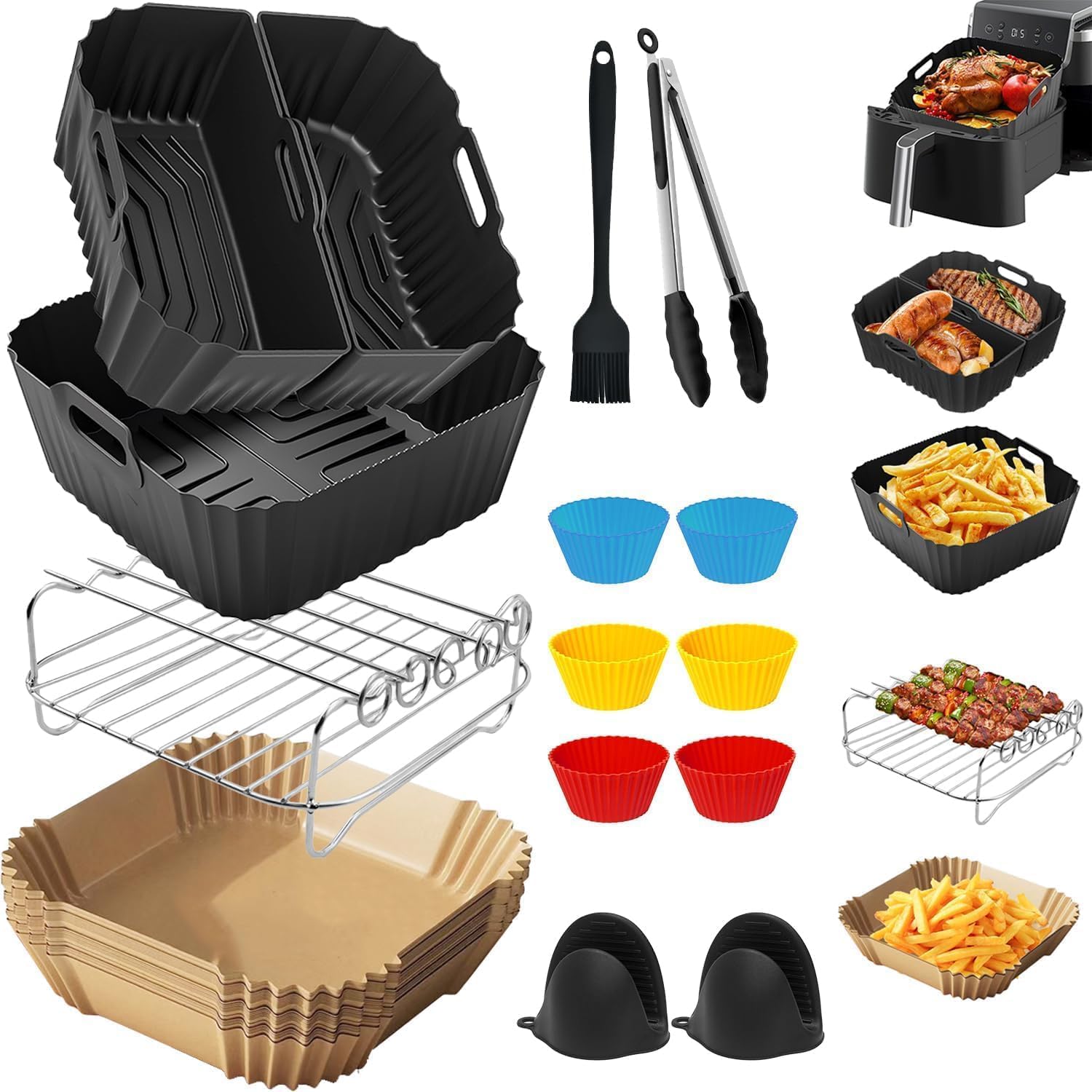 19-23 cm Air Fryer Accessories for COSORI 4.7L/5.5L/6L/6.2L/6.4L, Cecotec 5.5L/6L/7.6L, Square Silicone Mould Air Fryer, Multipurpose Grid