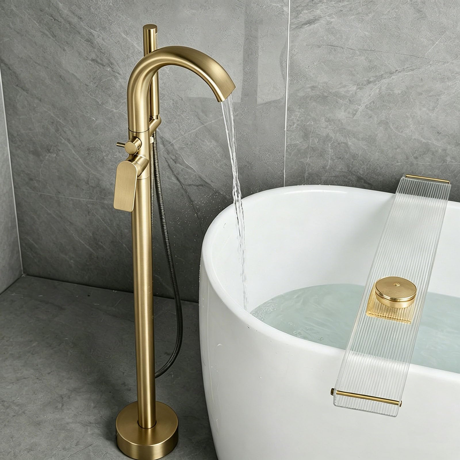 Robinet cascade baignoire au sol 2 modes avec douchette ergonomique or