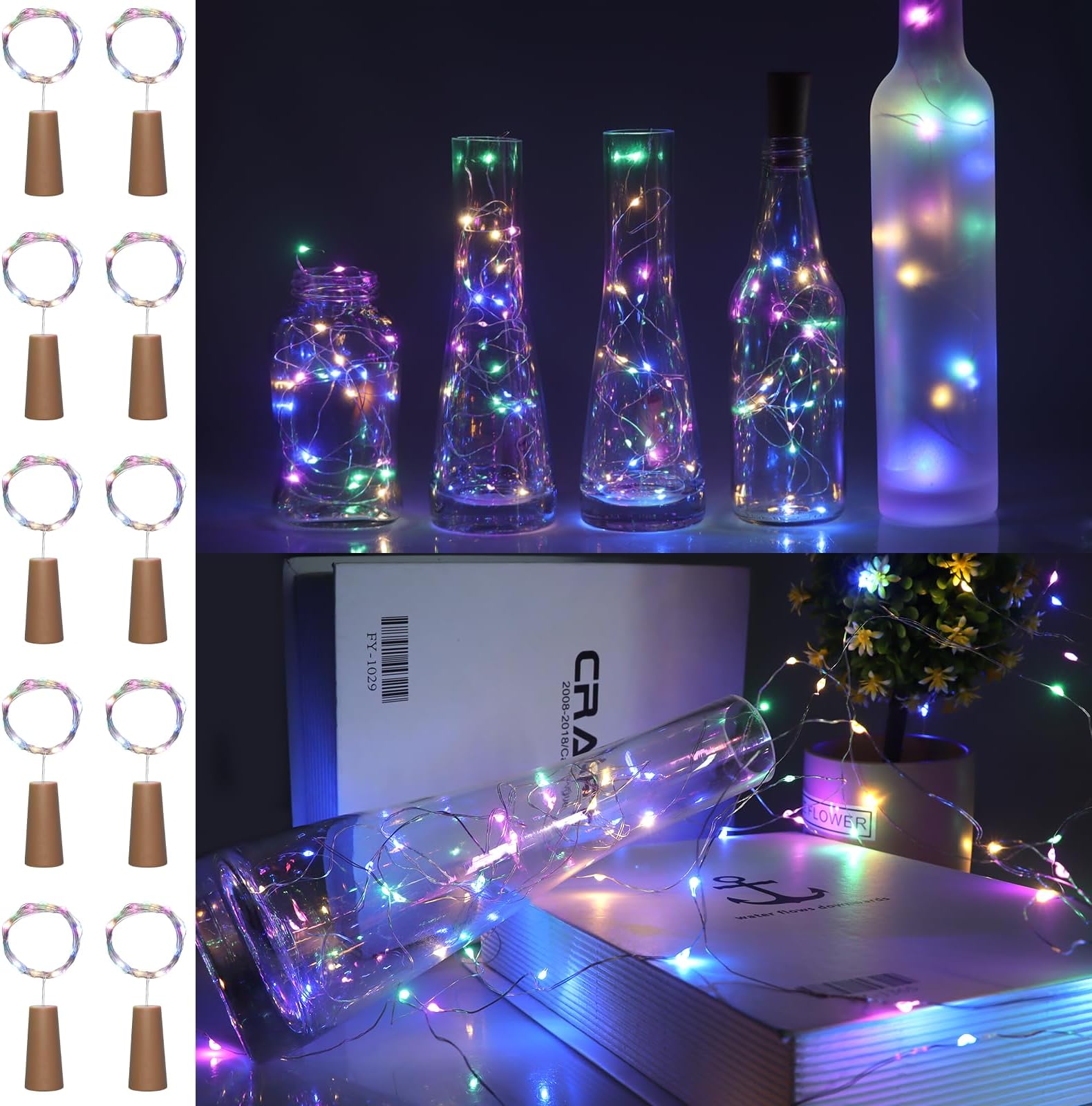 10 Pack Bottle Lights with Cork Multi-Color, 2M 20LED Mini Copper Wire Fairy Wine Bottle Lights, Waterproof Night Light, Suitable for DIY, Party, Christmas, Festival Decoration (Multi-Color)