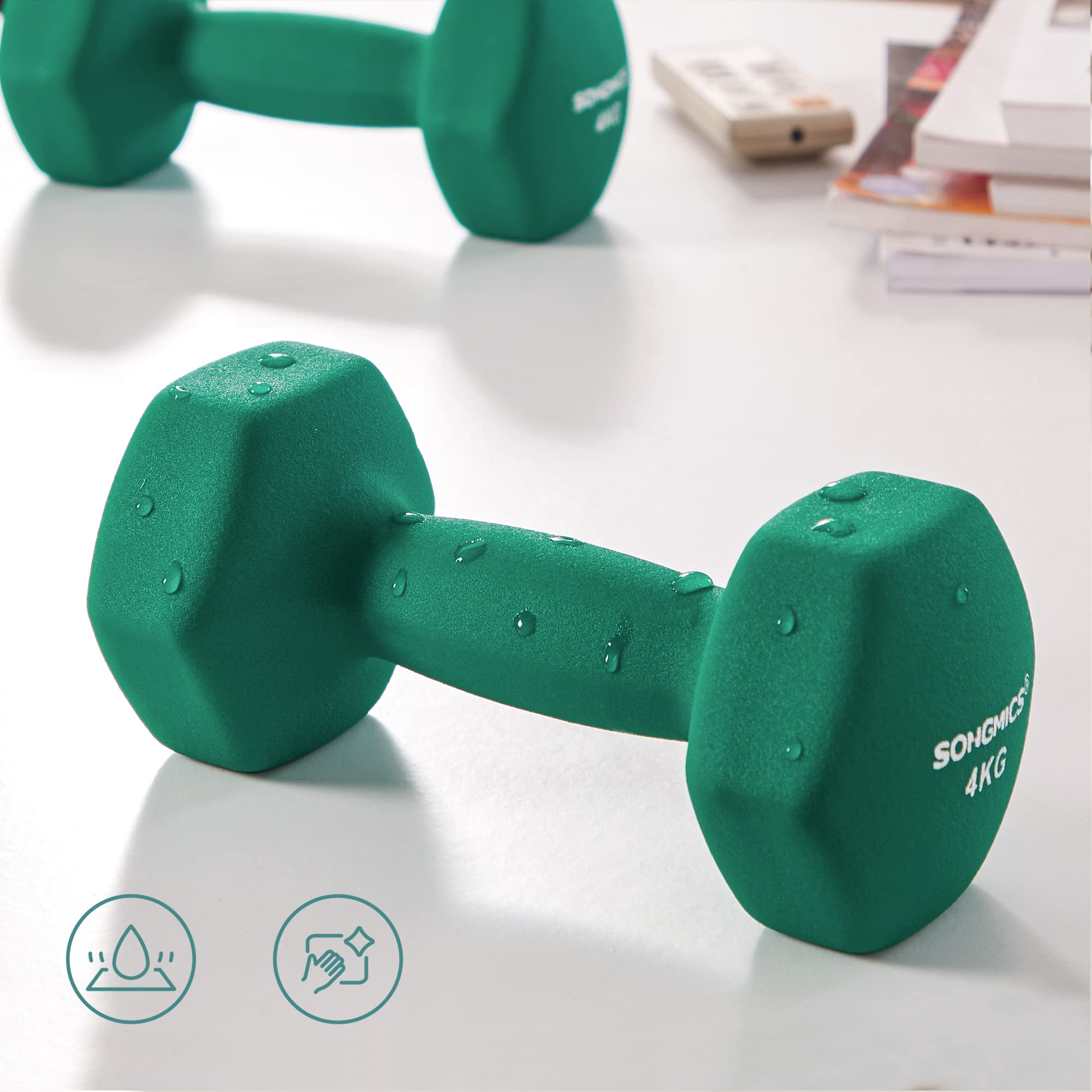 SONGMICS Hantle krótkie, zestaw 4 sztuk, 2 z czego 4 kg, 2 z czego 5 kg, trening siłowy, do domu, biura, studia fitness, czarne i zielone SYL600BK