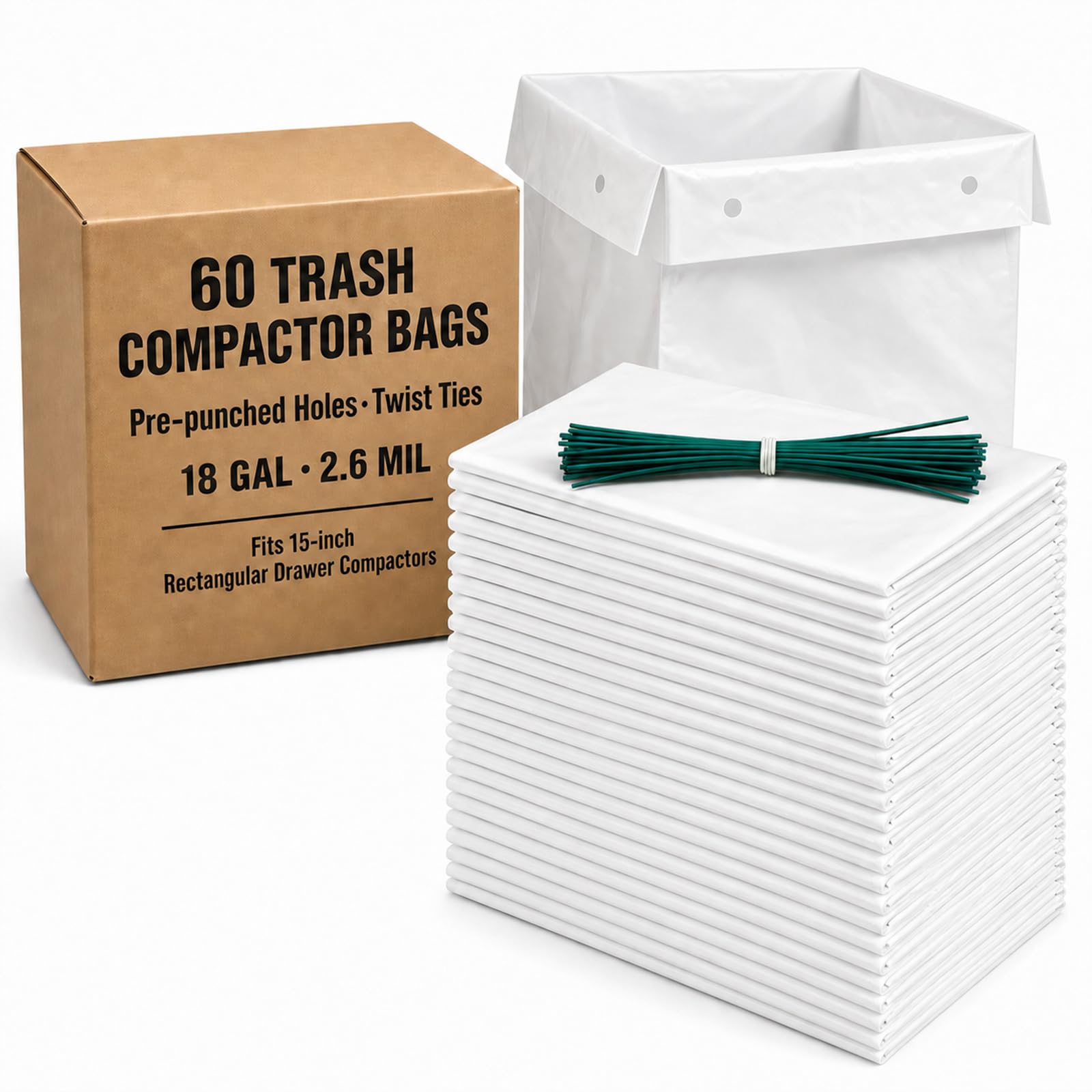 60pack Trash Compactor Bags with Holes, 2.6 Mil-18 Gal, for 15in Compactor