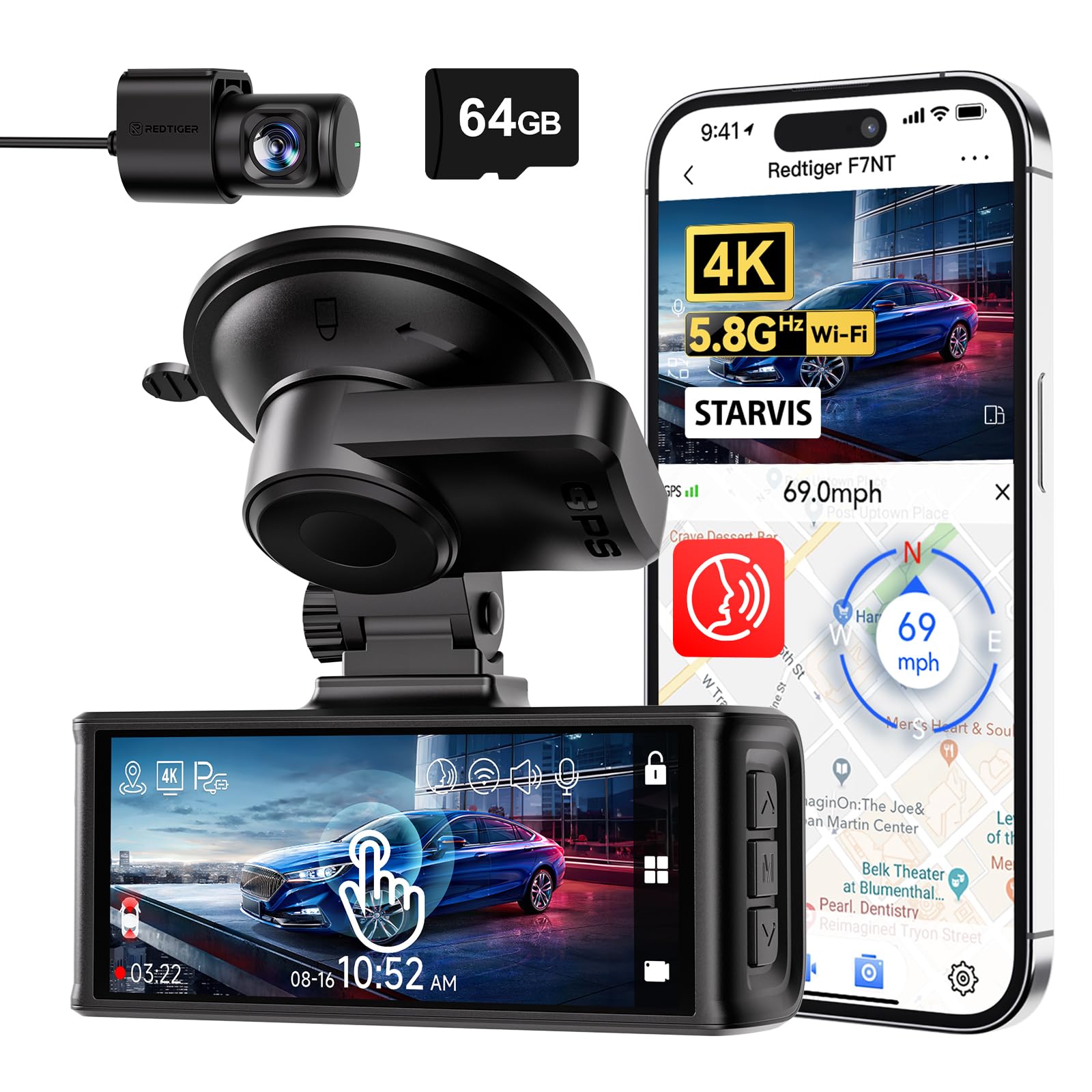 AVAPOW Kit D’Alimentation 4K Caméra De Voiture Avant WiFi 6