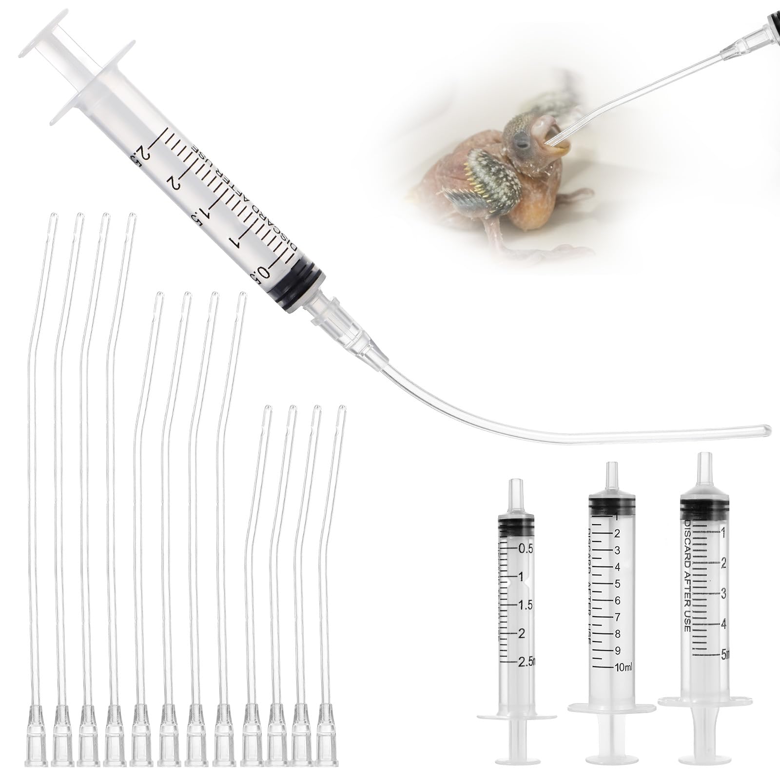 15 Stück Jungvögel Füttern Schlauch, Spritzen mit Schlauch Vogel Zubehör Aufziehspritze Tauben Feeder Handfütterungswerkzeug Milch Wasser Ernährungssonde für Baby Vögel und Papageien（2,5+ 5+ 10ml）