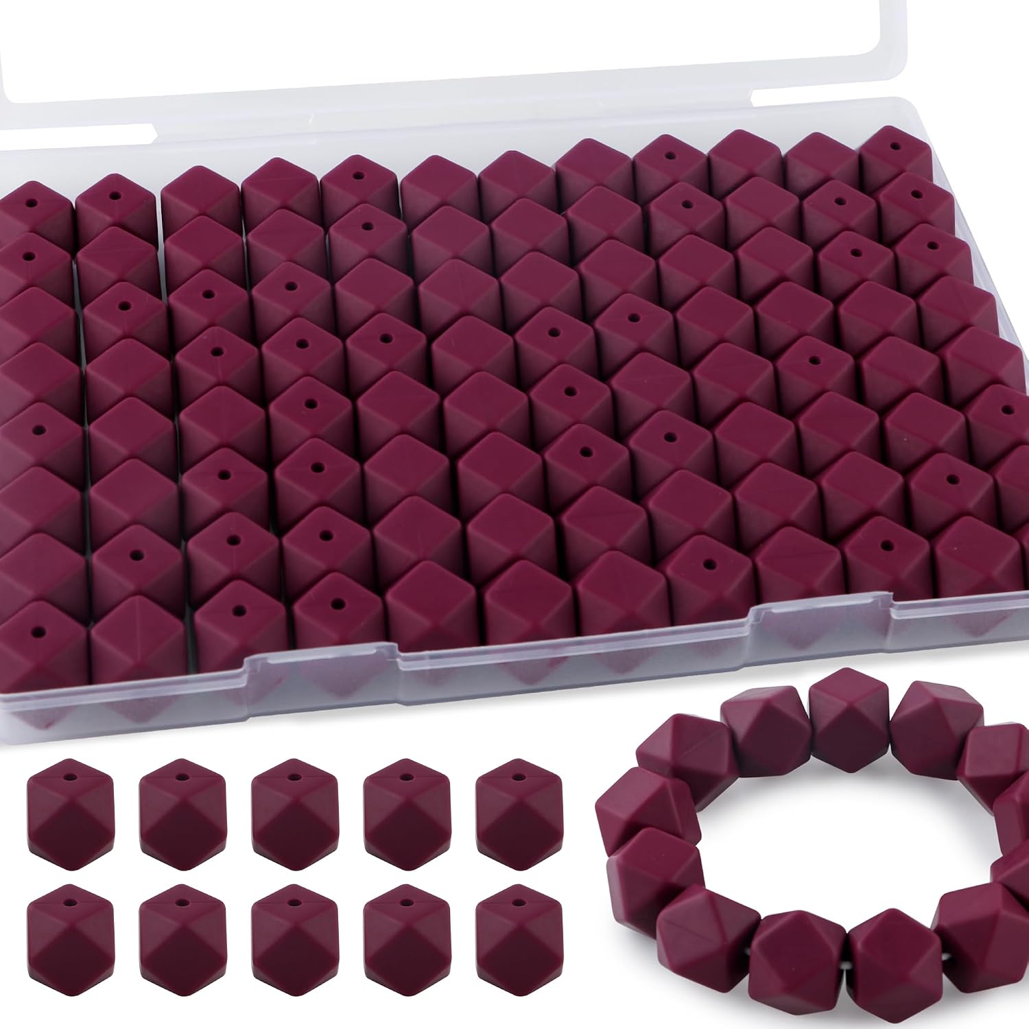 96Pcs 14mm Hexagon Silicone Beads, Bulk Silicone Beads for Keychain Bracelet Necklace Making DIY Crafts(Wine Red)