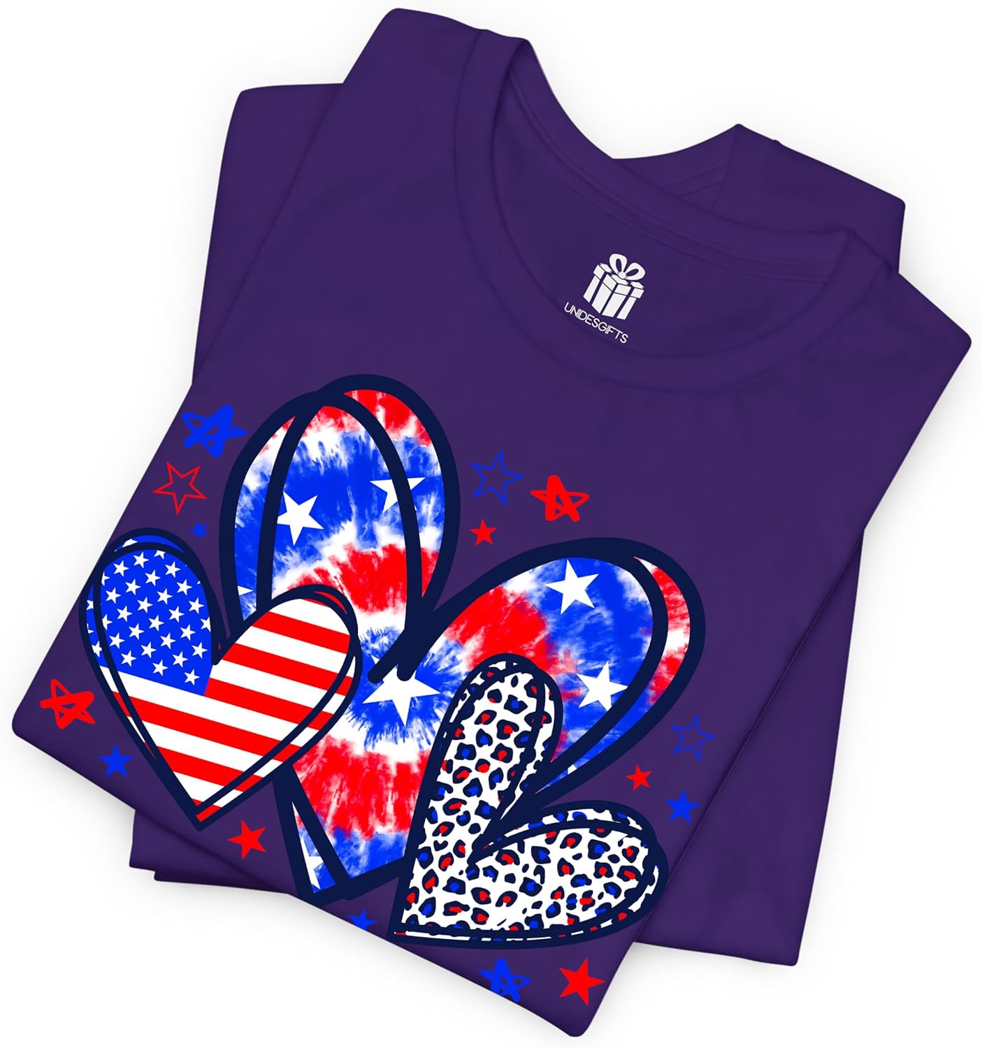 Leopard Heart Red White Blue USA 4th of July American Flag T-Shirt for Women Girls for Mom Grandma