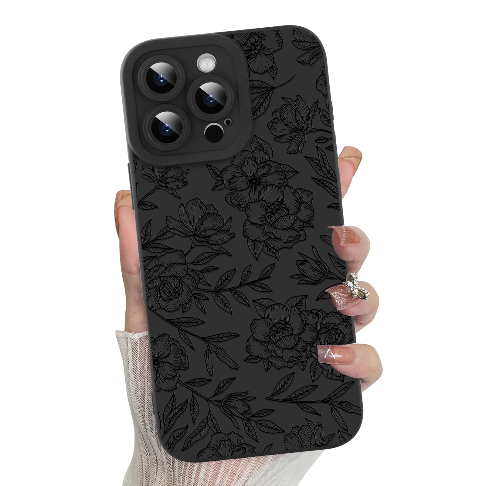 MZELQ for iPhone 16 Pro Max Case, Silicone Floral Flower Rose Cute Pattern, Camera Protection Soft Slim Phone Case for Phone Case -Black