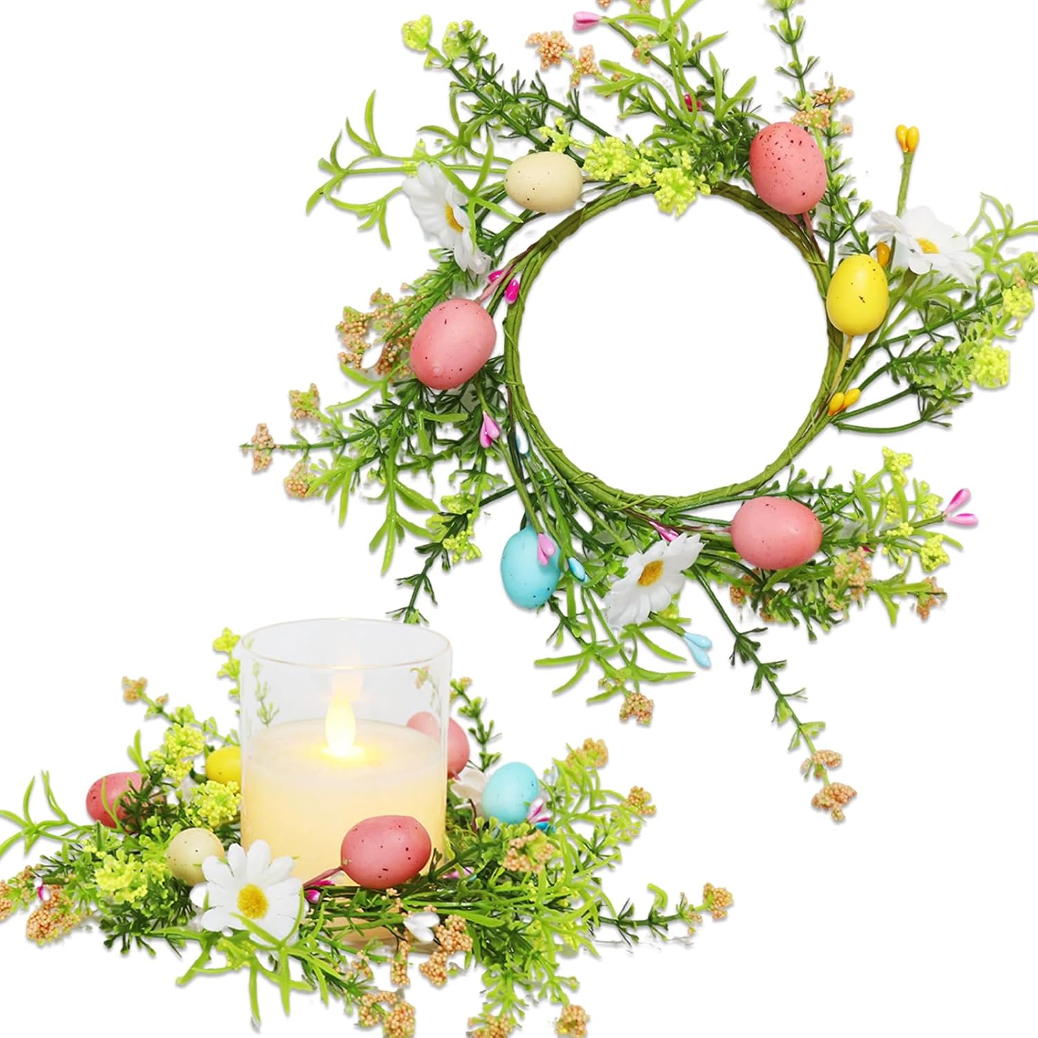 Easter Candle Ring Wreath Holder Artificial Colorful Eggs Flowers Leaves Spring Birthday Party Table Centerpieces Decorations Accessories