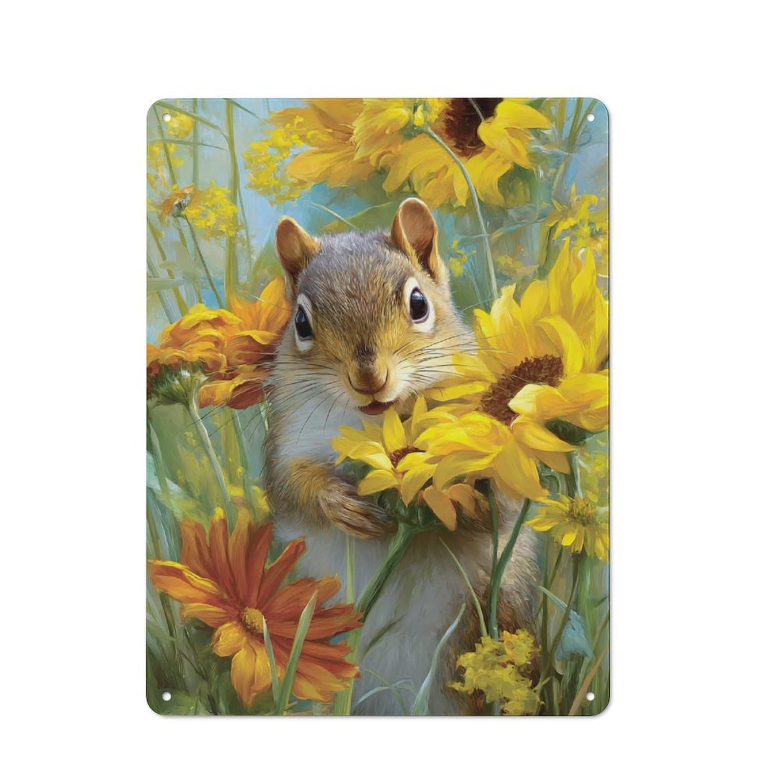 Junmoney Squirrel In Sunflowers Retro Metal Wall Sign 40X30cm With For Home Bar Wall, A Housewarming Gift For Hosts Who Enjoy Retro Interiors