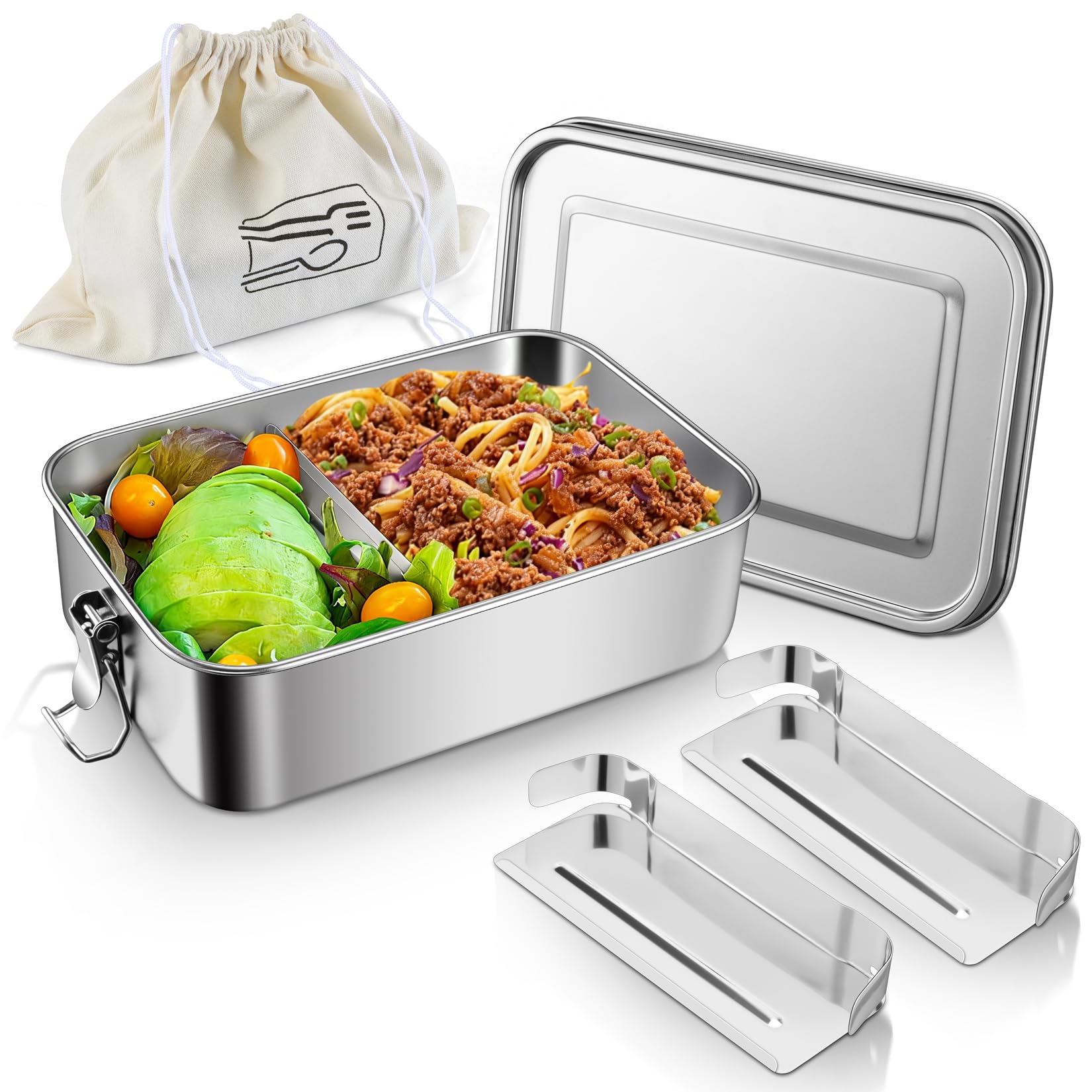 Joyfair 1400ml Stainless Steel Lunch Box, Large Compartment Bento Box with Bag, Metal Food Storage Containers for Adults and Kids, Lockable Clips & Removable Divider, Leak Proof & Dishwasher Safe