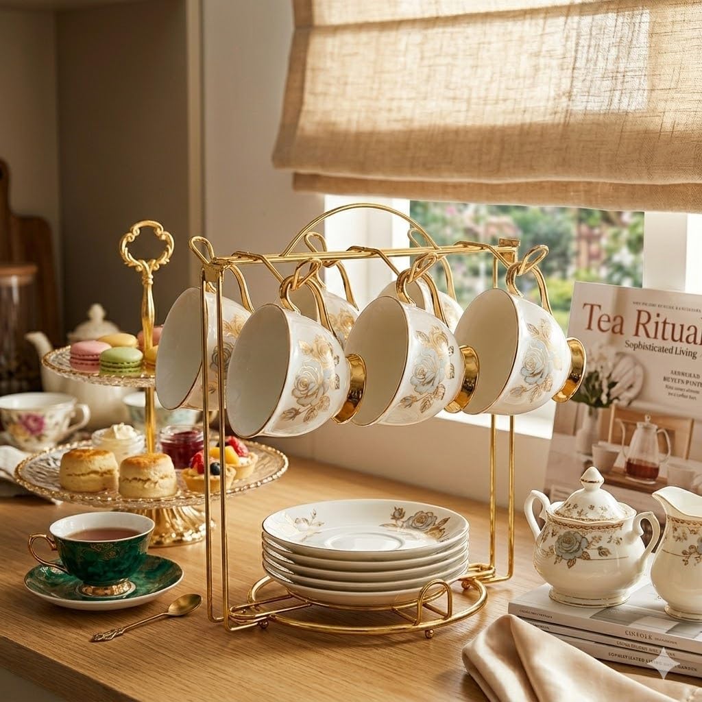 HOHIYA Tea Cup and Saucer Display Stand 2 Pack Gold Metal Teacup Holder for China Coffee Mug and Espresso Cups Countertop Organizer Scratch-Resistant Taiwan Made