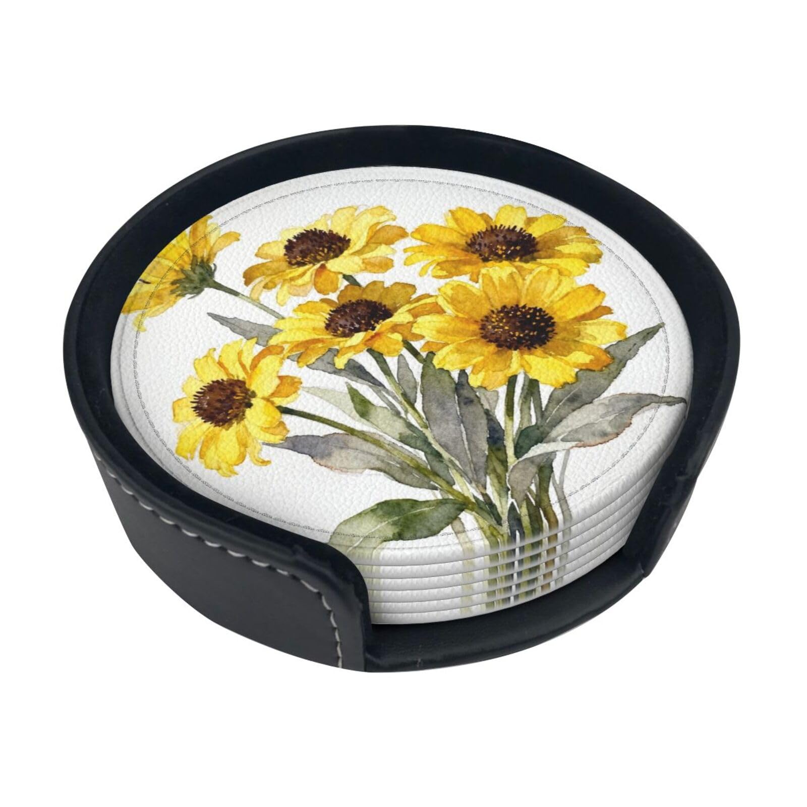 Cntdbu White Chrysanthemum Leather Coasters Set Of 6-Pu Leather Drink Mats For Table, Heat Resistant Round Coasters With Holder