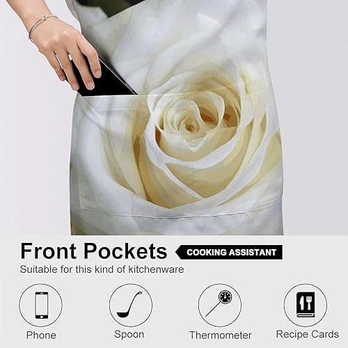 Miniatura 5 de MUSM White Rose ApronClassic Vintage Funny with Pockets Aprons,Adjustable Bib Waterdrop Resistant for Kitchen Cooking Restaurant BBQ Painting