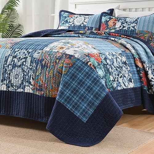 Vista 12 de Autumn Dream Juego de colcha de algodón reversible, juego de ropa de cama reversible, colcha de retazos florales vintage rojo y azul, tamaño King