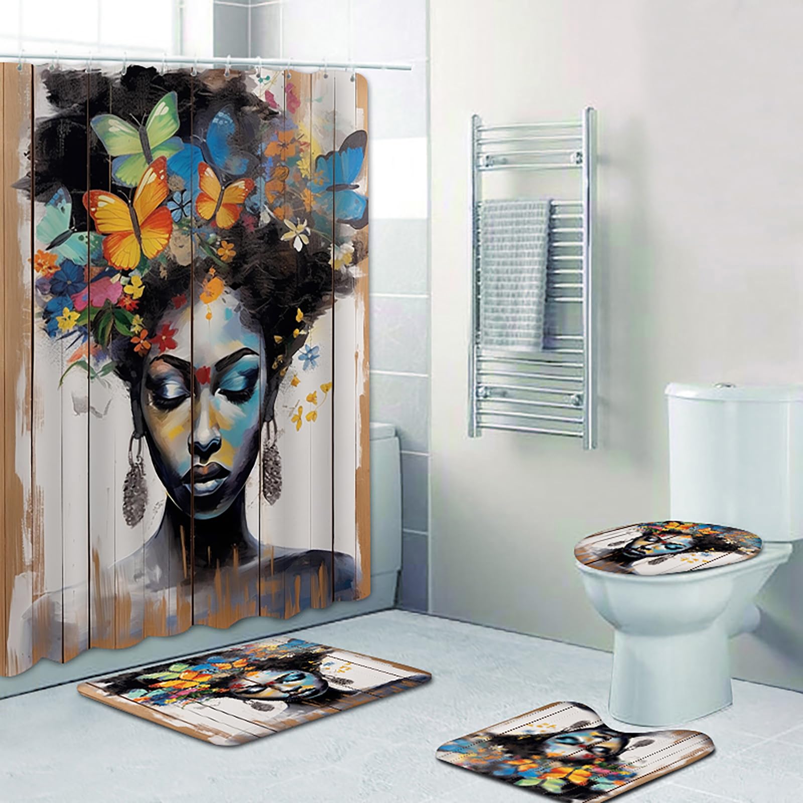 NEWSUYAA 4Pcs Black Woman Shower Curtain Sets with Bath Rugs Set,Rustic African Afro Girls Waterproof Tub Curtains Rug Mats Toilet Seat Cover Hooks Queen Women Crown Girly Kids 71 Inch Bathroom Decor