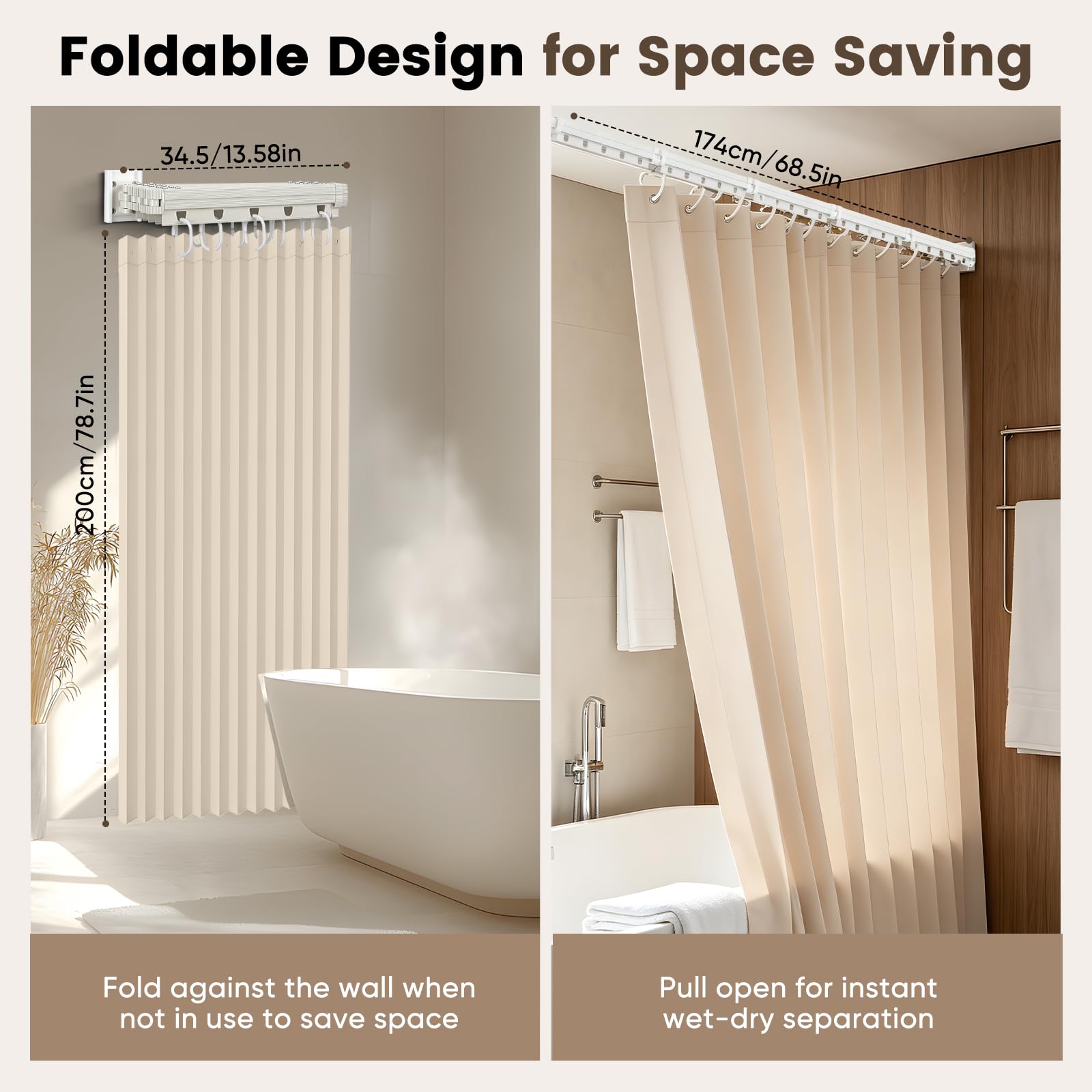 Faltbare Duschvorhangstange ohne Bohren 1,8x2m, 4/5-Fach Faltbarer Duschvorhang mit Stange Wasserdicht, L-Form/U-Form/Gerade Verstellbar, Platzsparend für Kleine Badezimmer, Wohnmobile