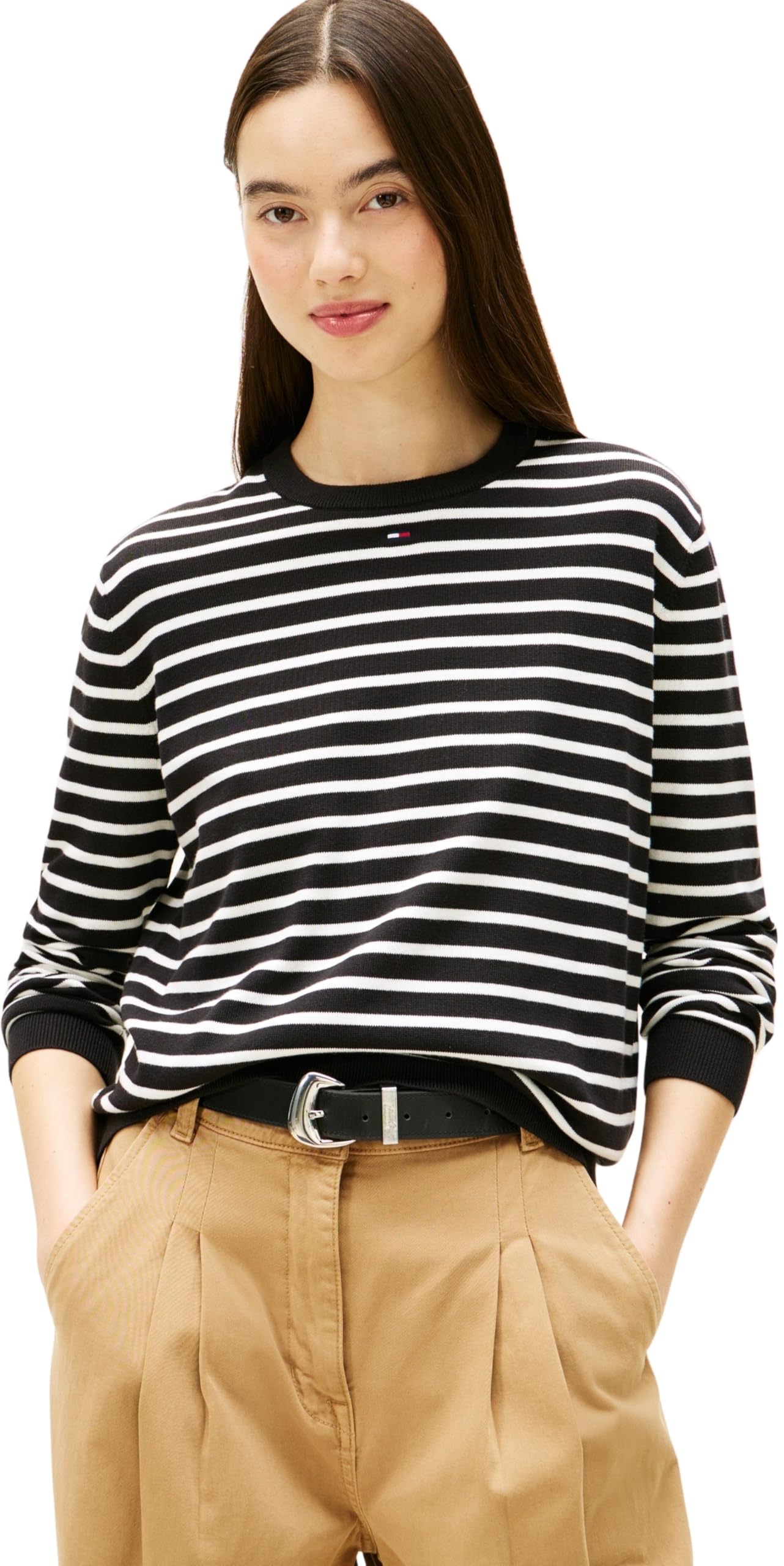 Tommy Jeans Women's TJW Essential Crew Sweater EXT DW0DW20159 Pullover Sweater, Black (Black/Ecru Stripe), XXL