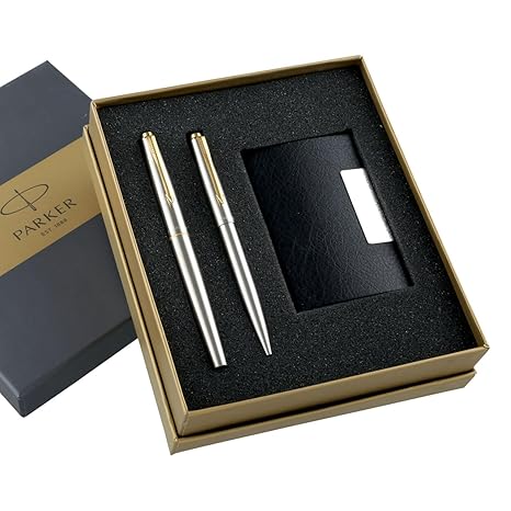 Parker Galaxy Gold Trim Ball Pen with Free Card Holder (Stainless Steel)