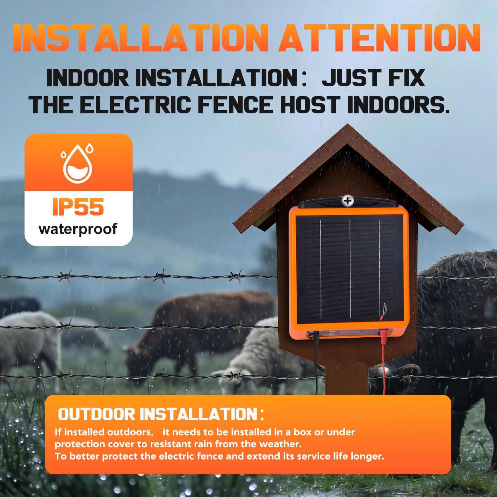 32KM Clôture électrique solaire, 6-12 kV Berger électrique Contrôleur pour chevaux, 2 J Clôture électrique pour élevage d'animaux de berger, pour ferme, pâturage, jardin (Orang)