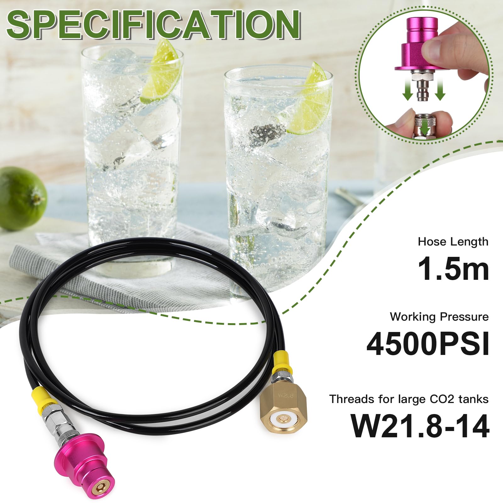 EFUTURETIME Adapter węża do butli CO2 W21.8-14 Soda-Stream Refill Quick Connect o wysokim ciśnieniu 1,5 m, kompatybilny z Soda-Stream Duo, Crystal 3.0, Gaia, Art, Terra