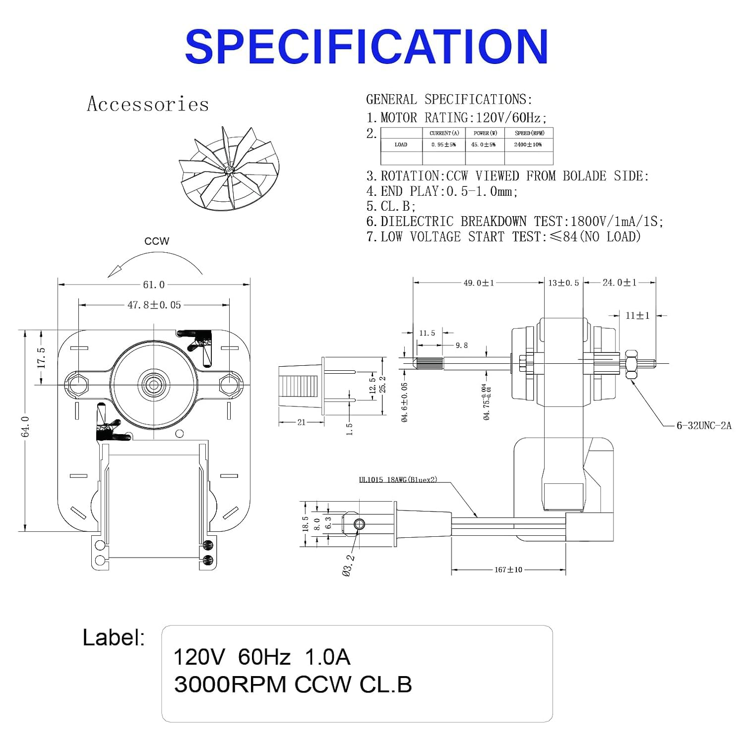 Technical drawing with dimensions and specifications of the BOJACK Vent Fan Motor