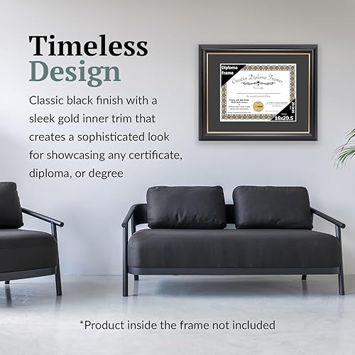 Vista 245 de Creative Picture Frames Marco para diploma Rockefeller de 9 x 12 pulgadas, color negro con borde dorado, muestra un certificado de 9 x 12 pulgadas