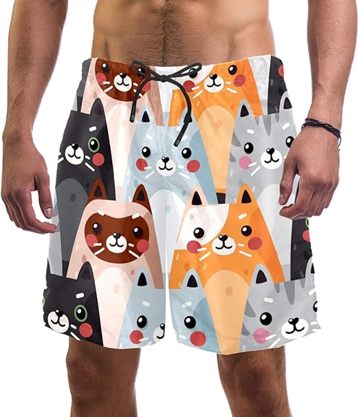 Man Beach Shorts, Cartoon Animal Cute Cat Swim Trunks Elastic Swimsuit