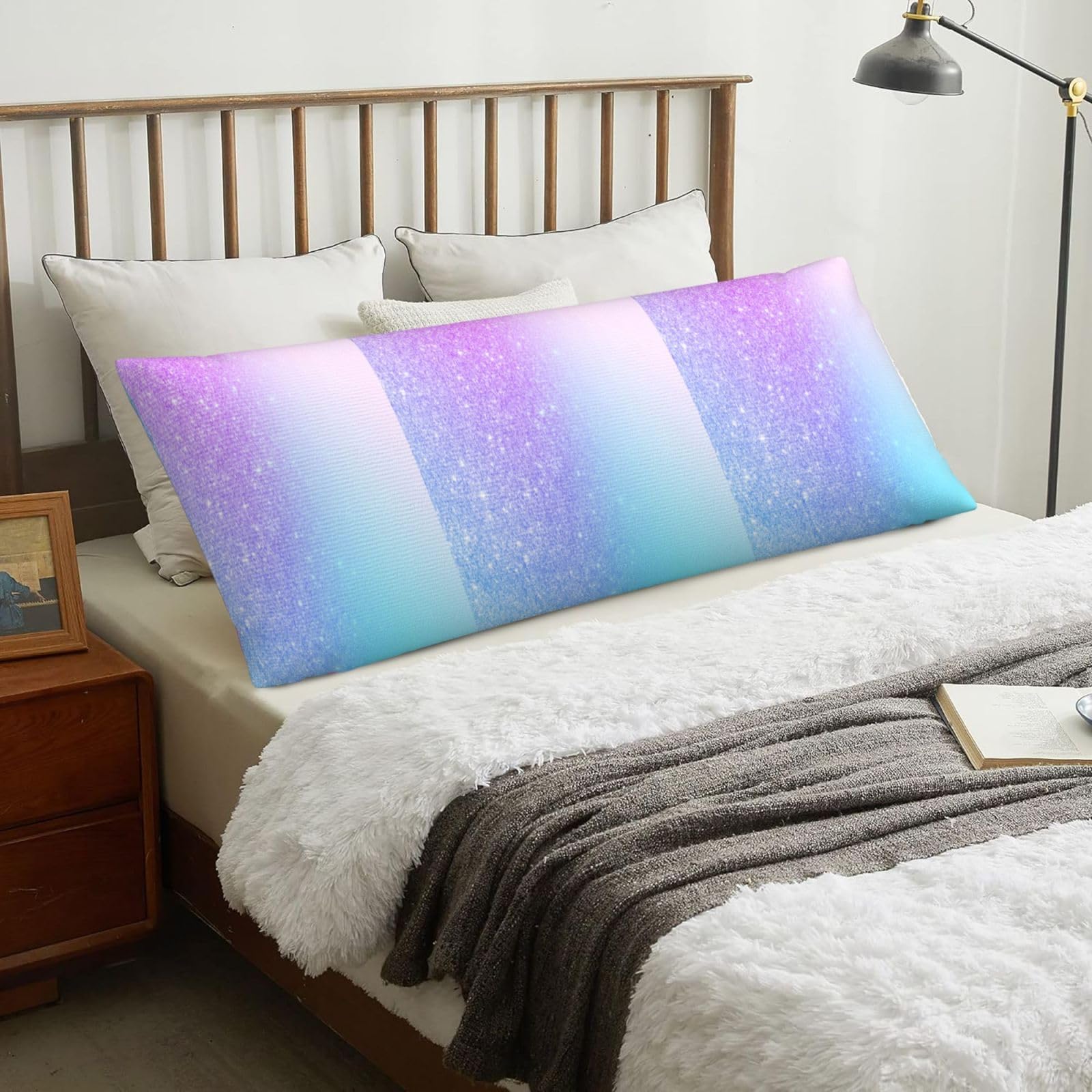Purple Pink Glitter Ombre Blue Gradient, Body Pillow Cover with Zipper,Long Body Pillowcase 20 x 60 in
