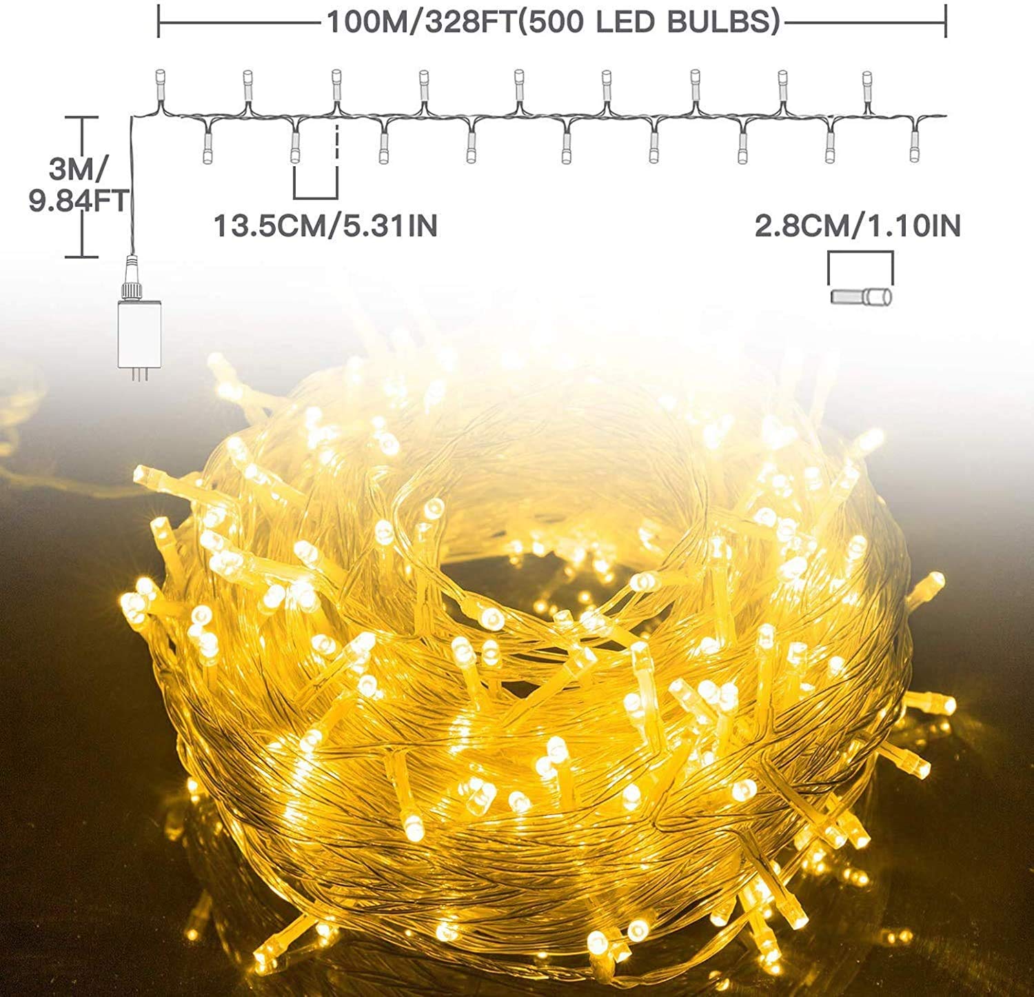 Elegear 100M 500 LED Guirnalda Luces Exterior con Enchufe, Luz de Hadas, Impermeable Guirnalda Luminosas Decoracion con 8 Modos para Nata Jardín Boda Fiesta Casa Árbol y Interior, Blanco Cálido