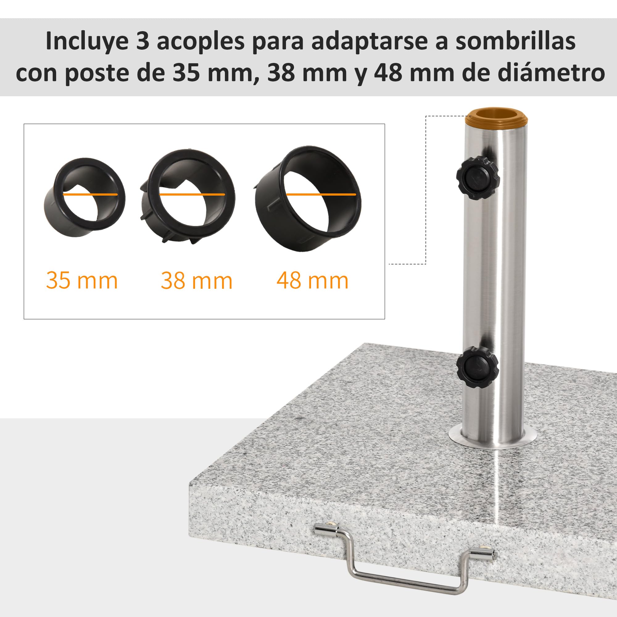 Outsunny Base de Sombrilla Exterior Universal 25 kg de Mármol con 2 Ruedas y Asa de Transporte Tubo de Ø35/38/48 mm Soporte de Parasol para Jardín Balcón Patio 40x40x36 cm Gris