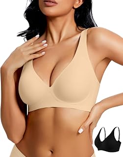 Women Seamless Jelly Bra 2 Packs, Wireless Push Up Bralette, Deep V Invisible Comfort T-Shirt Bra No Underwire Bras