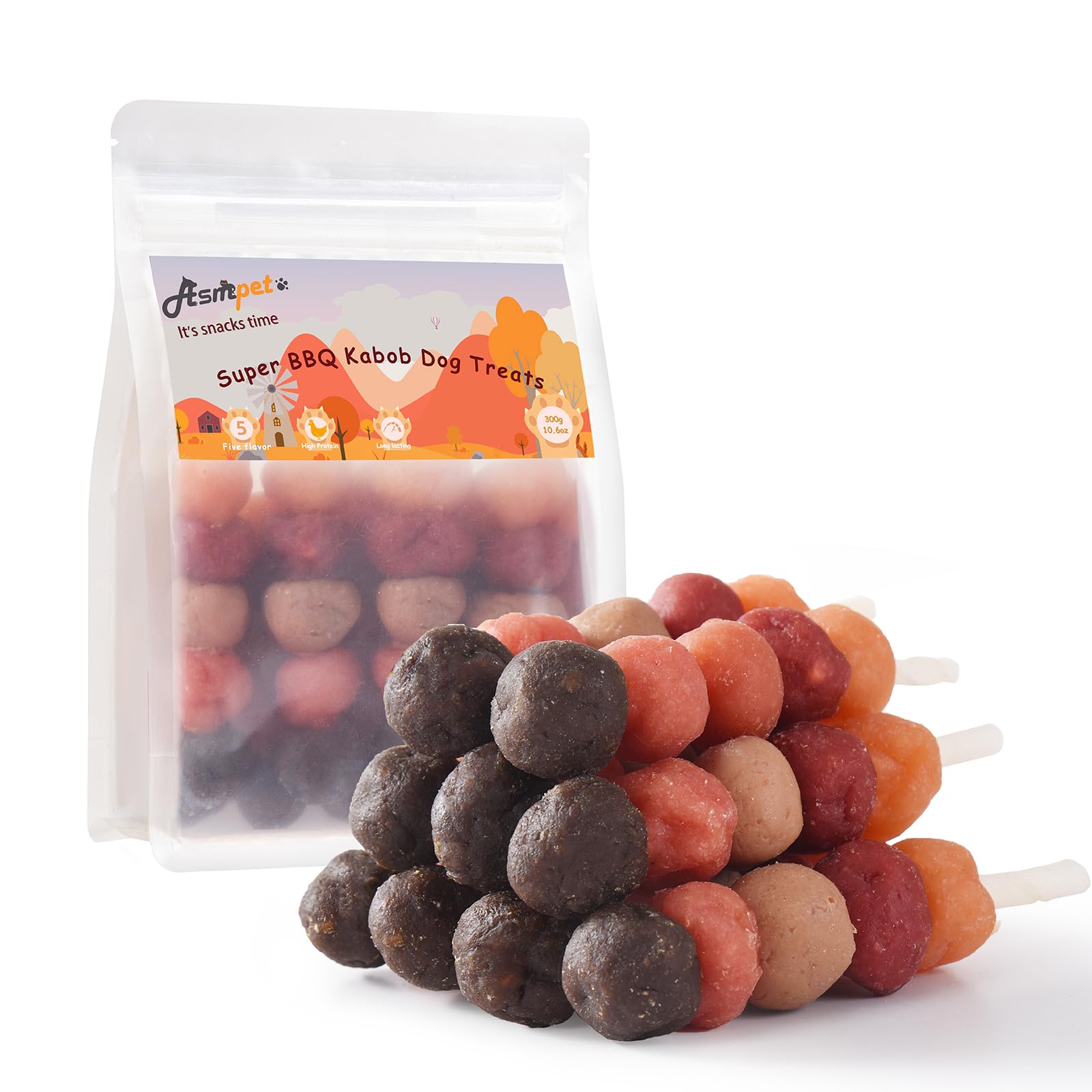 ASMPET Dog Treats Chews, Multi-Flavor Dog Kabob Snacks, Made with Chicken, Duck, Salmon, Rabbit and Beef, Rawhide Sticks for Dogs