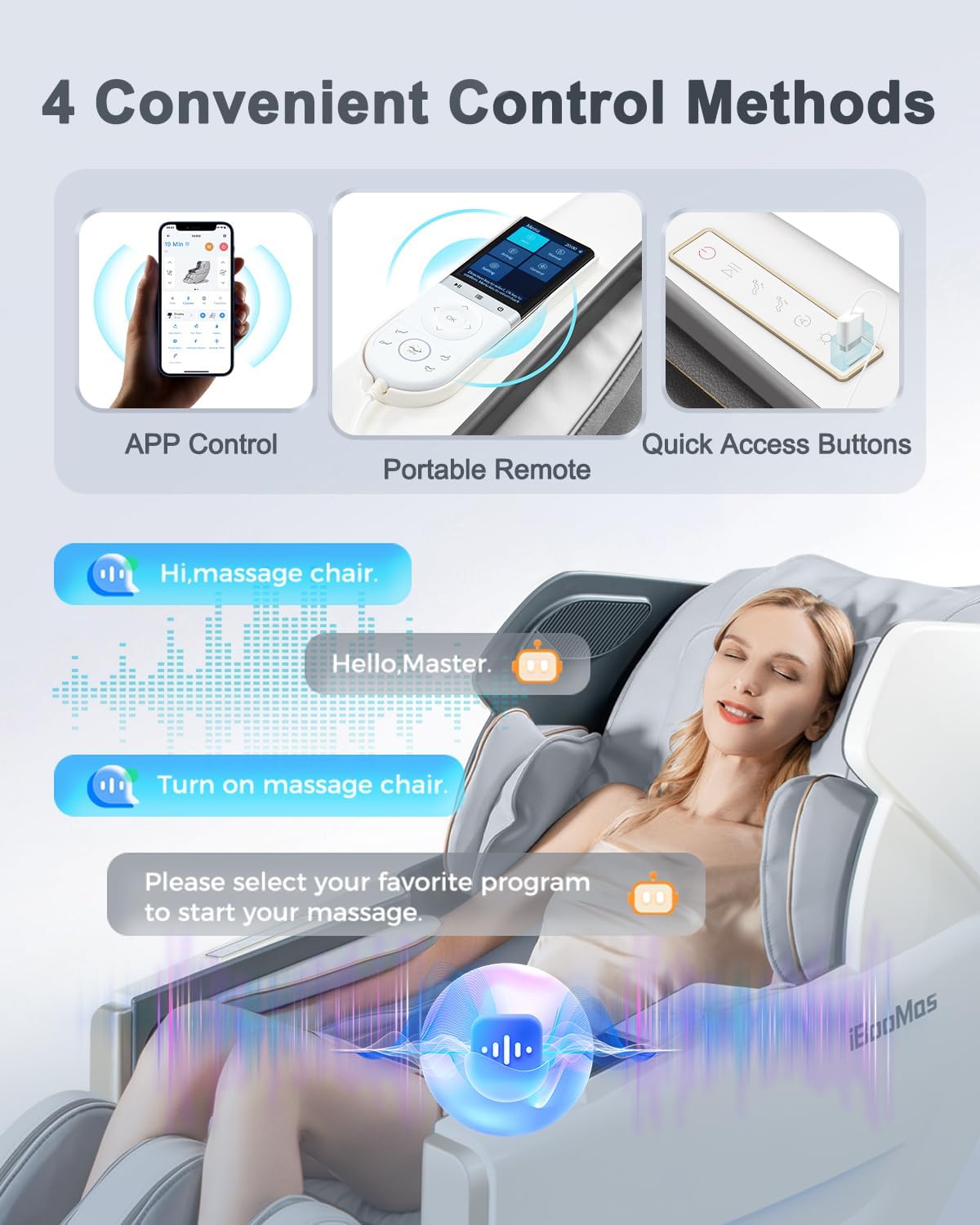 iBooMas Massage Chair Full Body, Body Scan Zero Gravity Massage Chair Recliner with SL-Track, Ajustable 12+6 Modes, Auto Extending Footrest, Foot Massage, App, AI Voice, Airbags, Heat(White+Grey)