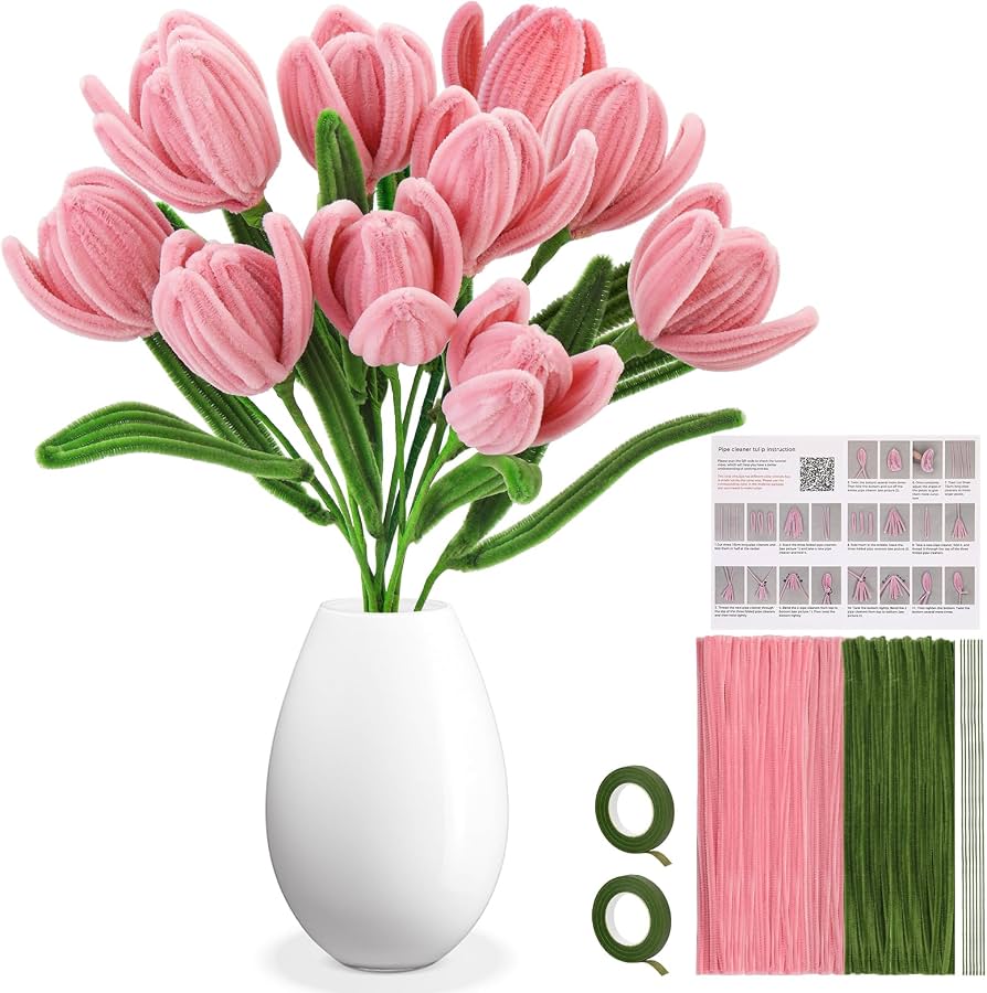 Kit Fai Da Te Con 324 Pulitori Per Tubi (Scovolini) – 4 Colori Rosa E Verde Con Nastro E Stami Floreali Per Creazioni Artistiche E Fiori