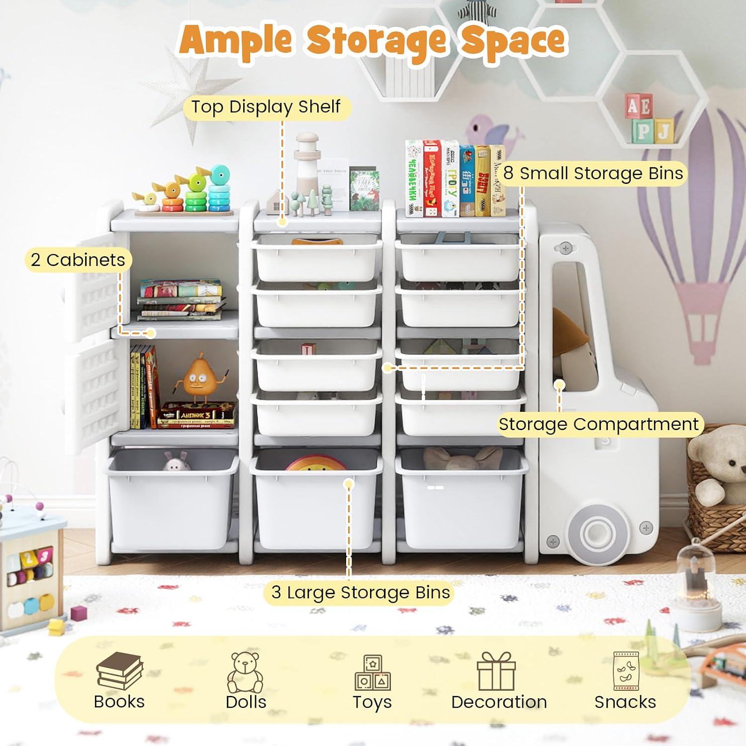 GLACER Kids Toy Storage Organizer, Multipurpose Truck-Shaped Chest with 2 Cabinets, 11 Removable Bins,Top Display & Playroom Front Compartment, Children Bookshelf for Playroom, Bedroom & Nursery
