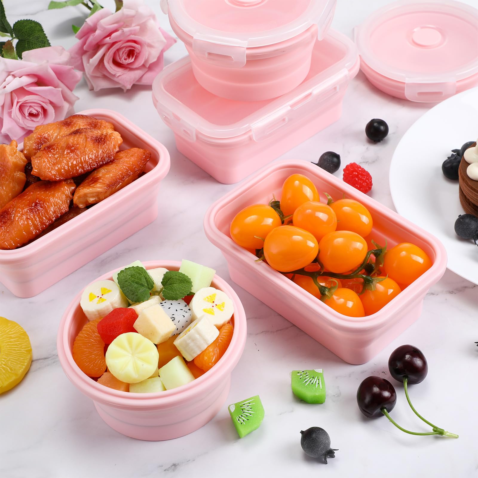 Baderke 8 Pcs Collapsible Food Storage Containers Silicone Dishwasher Lunch Containers Includes 4 Pcs Round and 4 Pcs Rectangular Lunch Boxes for Lunch School Office Trip (Pink)