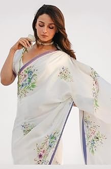 SATAZ Women's Ready to Wear White Floral Satin Silk Alia Bhatt Printed Saree With Unstitched Blouse