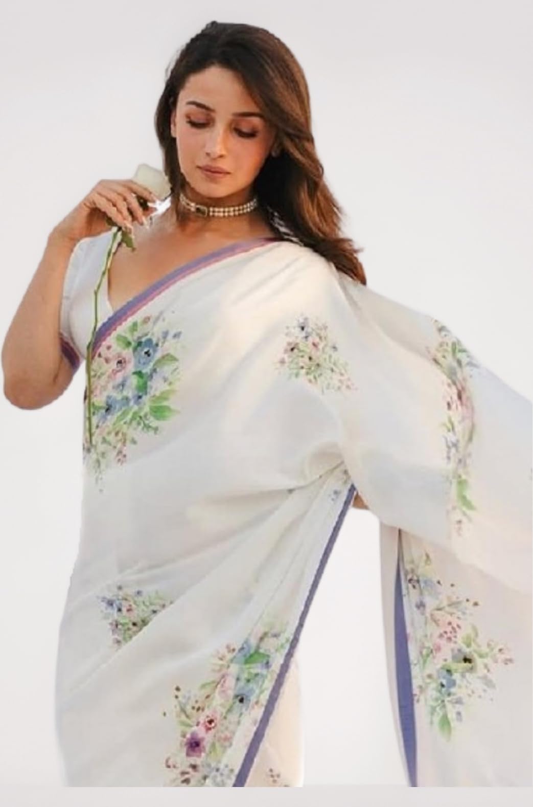 SATAZ Women's Ready to Wear White Floral Satin Silk Alia Bhatt Printed Saree With Unstitched Blouse