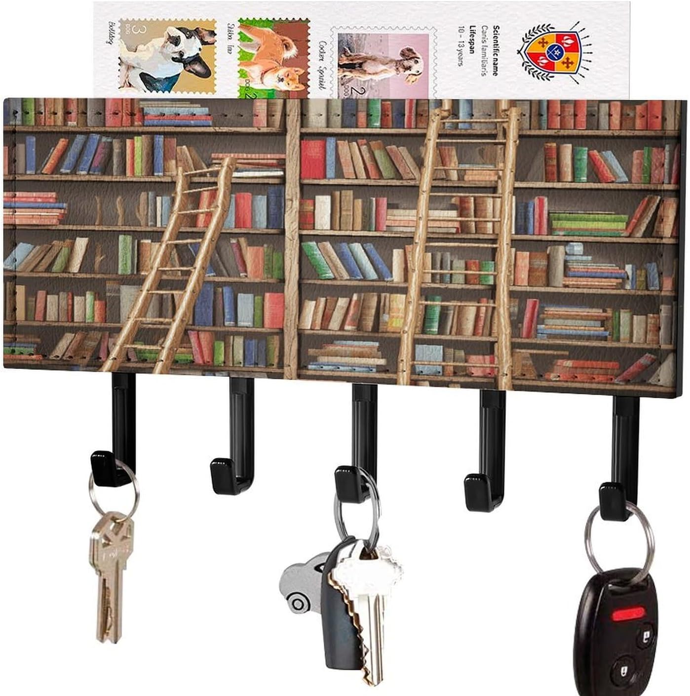 Key Holder Wall Mount Key Hanger with 5 Hooks, Decorative Key Rack | Funny Book Shelves Collection And Ladder Hanging Key Hooks with Mail Organizer for Wall Living Room Kitchen Bathroom Hallway