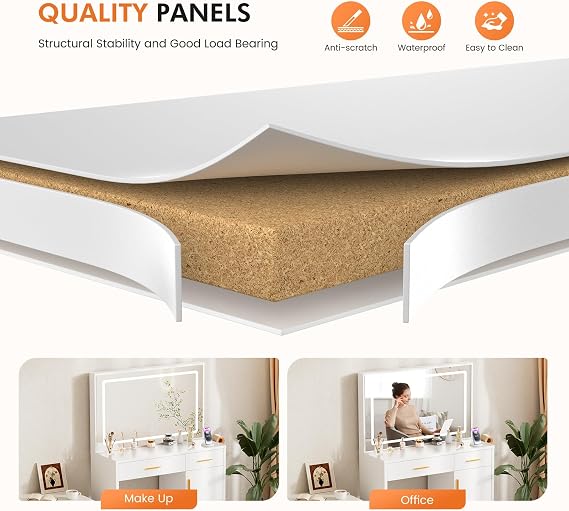 Sweetcrispy Makeup Vanity Desk, LED Mirror, Charging Station