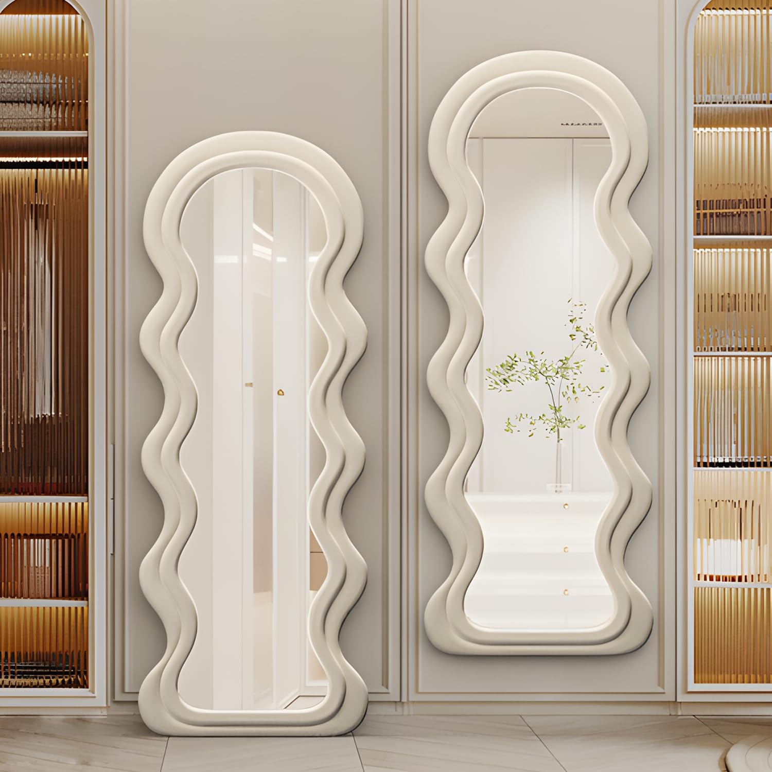 Full Length Mirror, 63" x 24" Floor Mirror, Irregular Wavy Mirror, Full Length Wall Mirrors, Standing Flannel Wrapped Wooden Frame for Bedroom, Cloakroom (White)