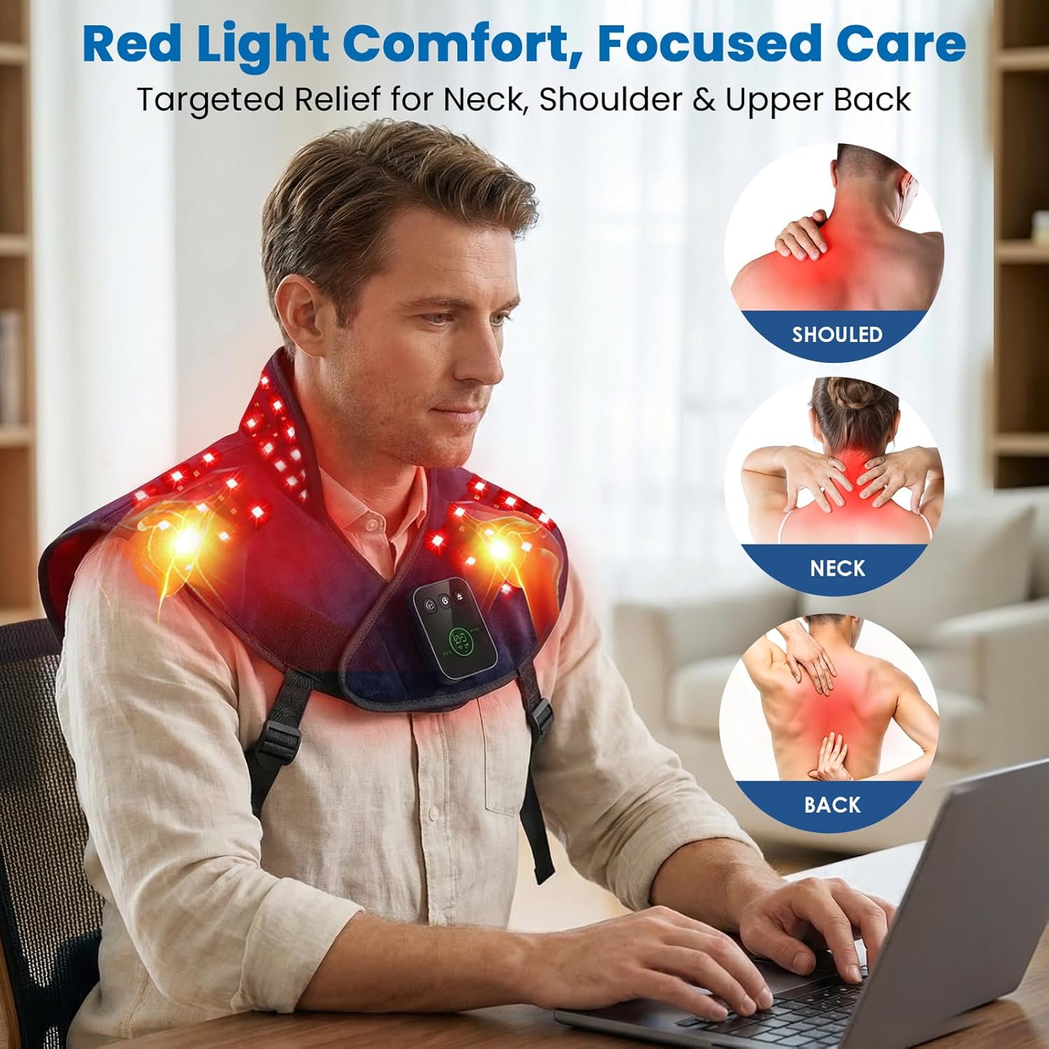 Cordless Red Light Therapy for Neck Shoulder Pain Reilef, 120 LEDs Wearable Infrared Heating Wrap with Massager and Timer, 660nm & 850nm Near-Infrared Red Light Therapy Pad, Blue