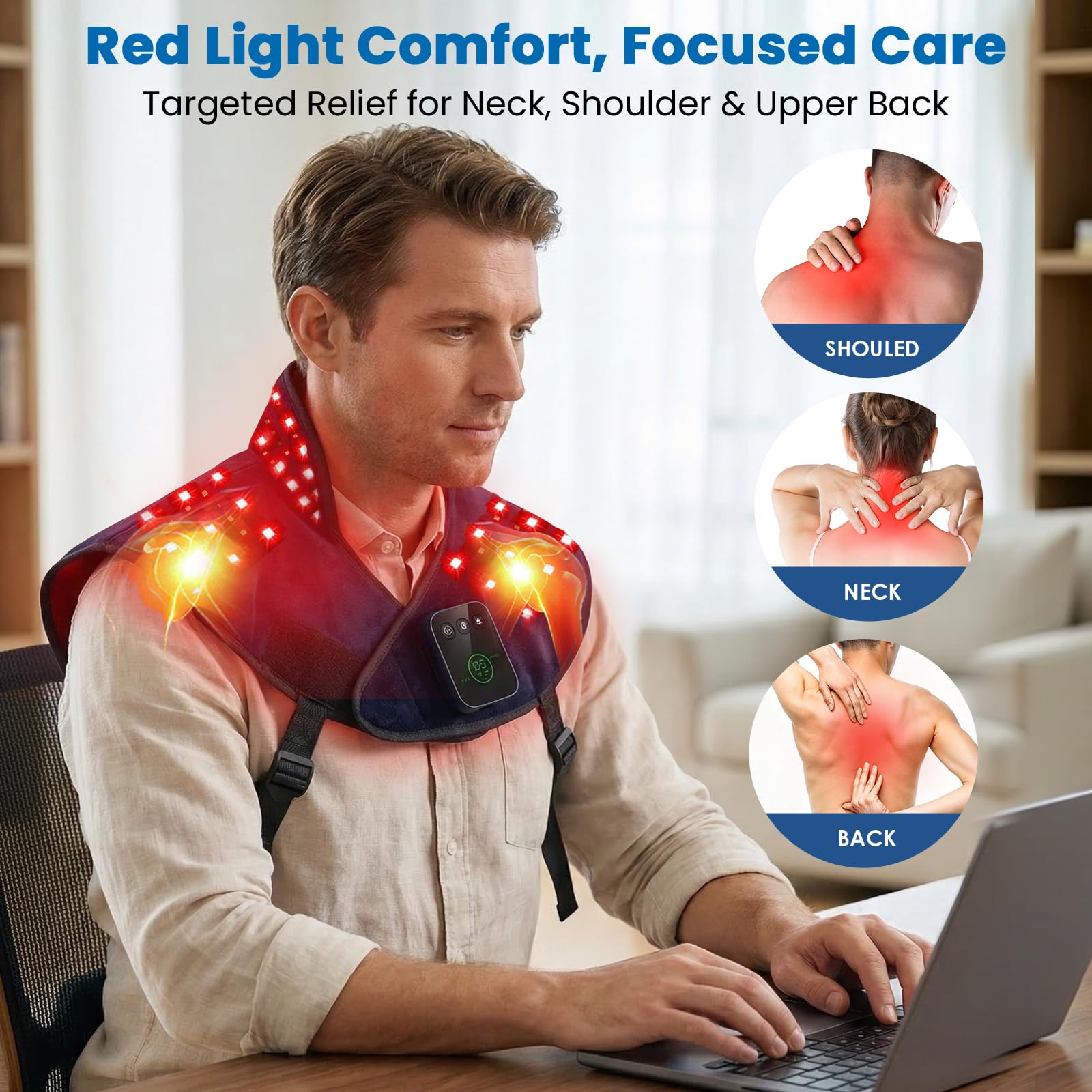 Envoltura de terapia de luz roja inalámbrica para cuello y hombros, 120 LED de 660 nm rojo y almohadilla de terapia de luz infrarroja cercana de 850 nm con masaje vibratorio, envoltura de hombro