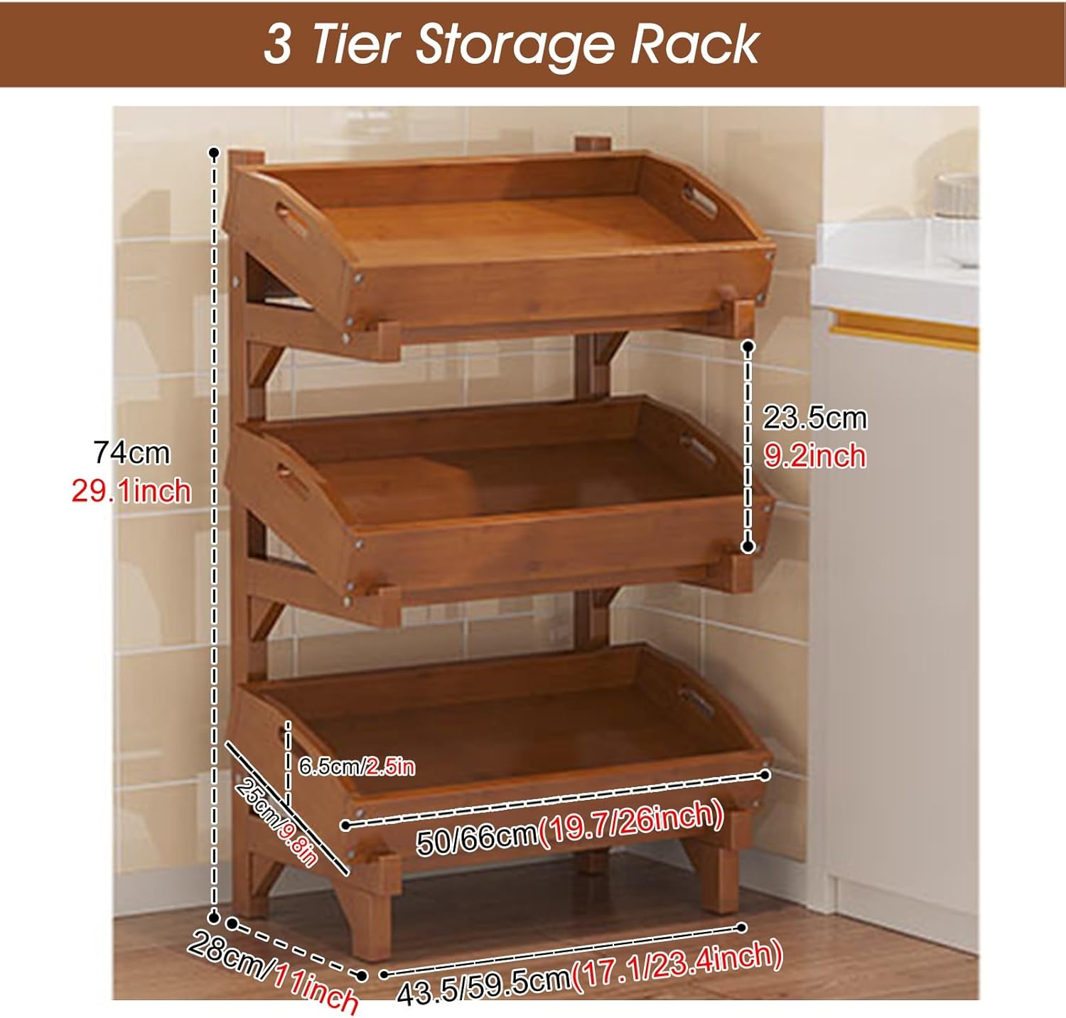 Commercial Snack Shelf Display Stand, 3-Tier Wooden Vegetable & Fruit Storage Rack with Guardrails, Free-Standing Supermarket Snack Organizer for Home, Kitchen, Pantry