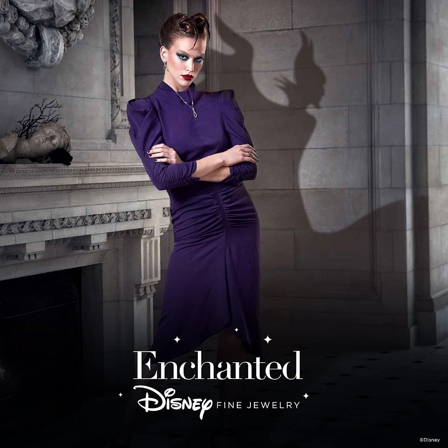 Jewelili Enchanted Disney Fine Jewelry Sterling Silver And 10K Rose Gold 1/10Cttw And Black Spinel Maleficent Ring